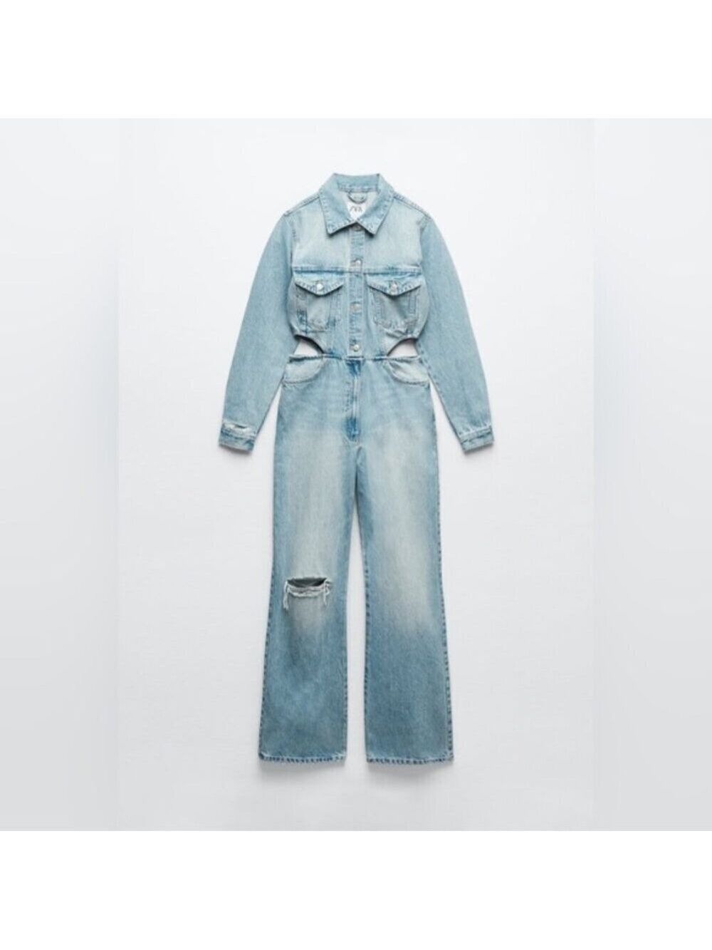 BLOGGERS FAV ZARA LIMITED EDITION CUT OUT SIDE DISTRESSED DENIM JUMPSUIT Size L